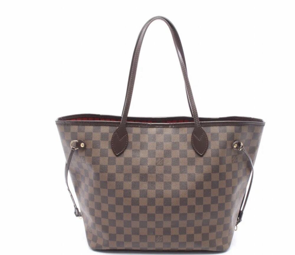 Louis Vuitton Neverfull MM Damier Ebene Brown Tote Drawstring Gold Pouch